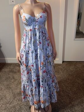 Light Blue Floral Tiered Maxi Dress with Spaghetti Straps